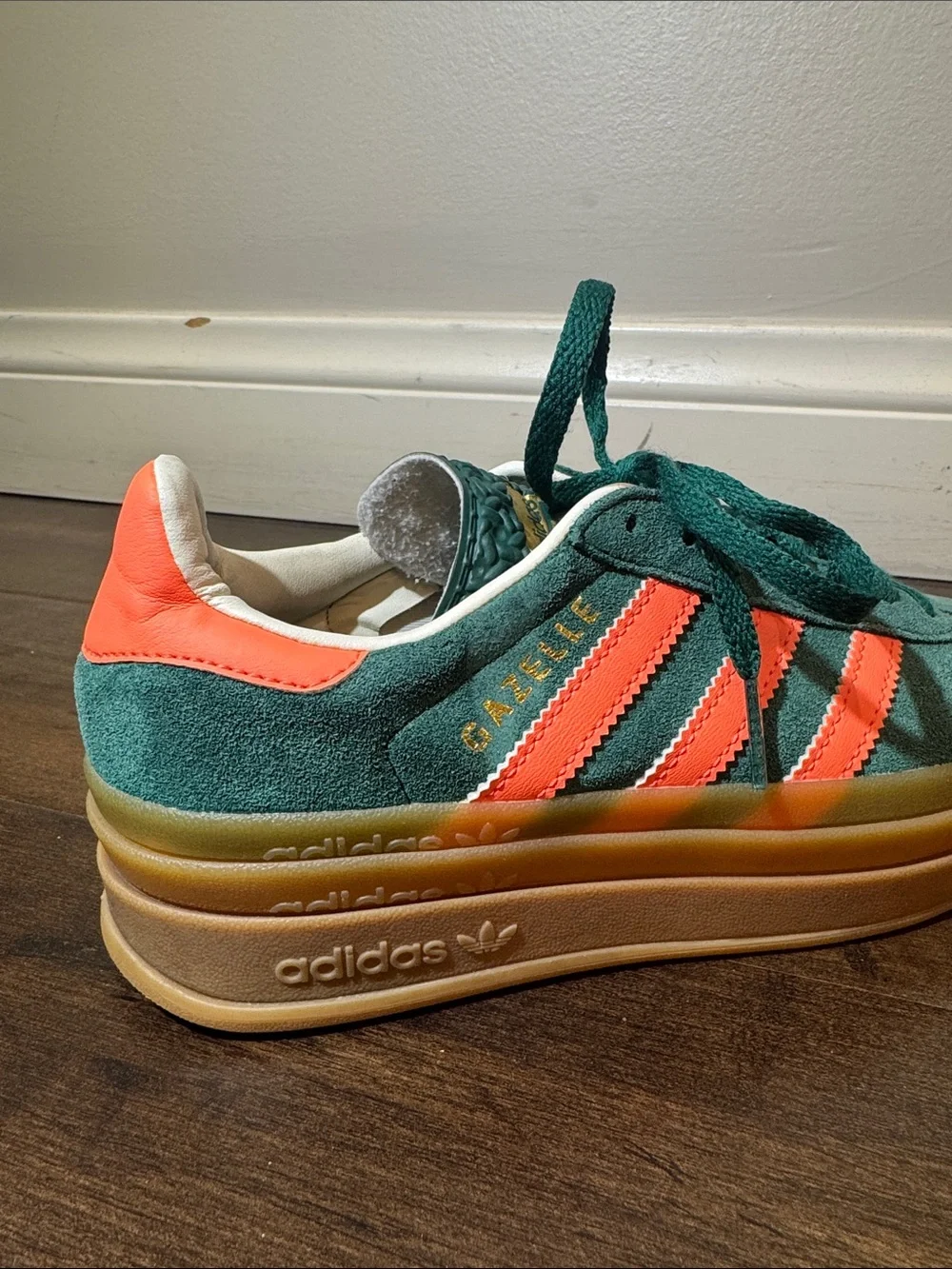adidas Kids Green Suede Sneakers with Coral Stripes and Gum Sole